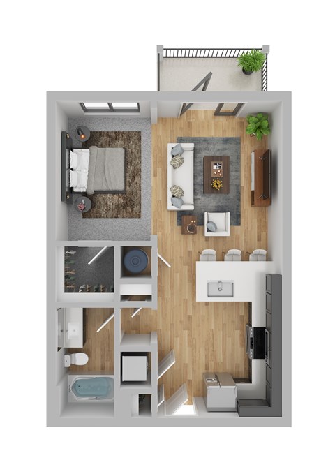 Floor plan for studio, 1 bath, 634 sqft